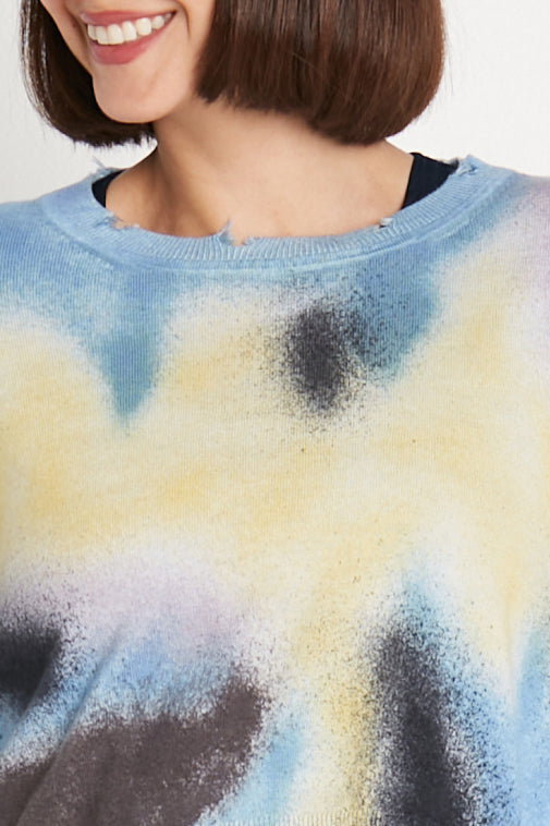 Pima Cotton Cropped Spray Can Tattered Crewneck Sweater - Blue Combo