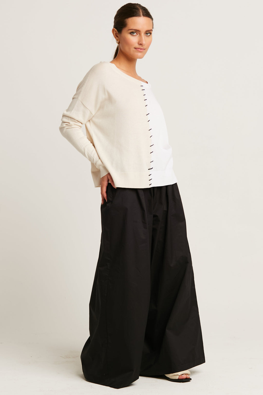 Pima Cotton 1/2 Whipped Crewneck Sweater - Stone/White