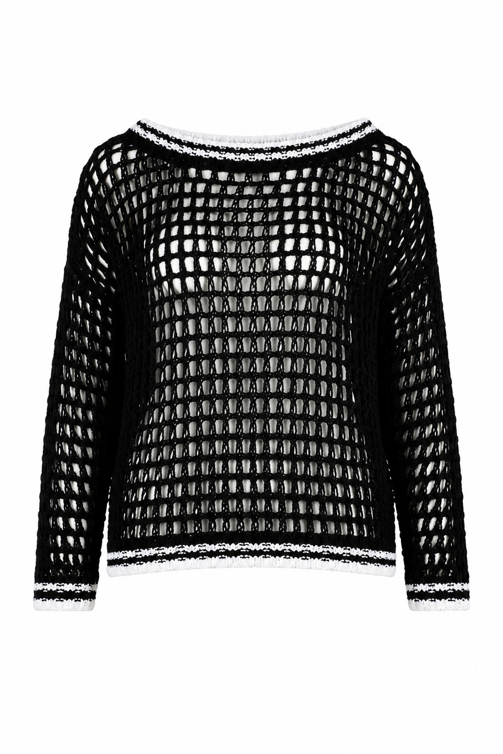 Pima Cotton Fisherman Boatneck Fishnet Sweater - Black/White