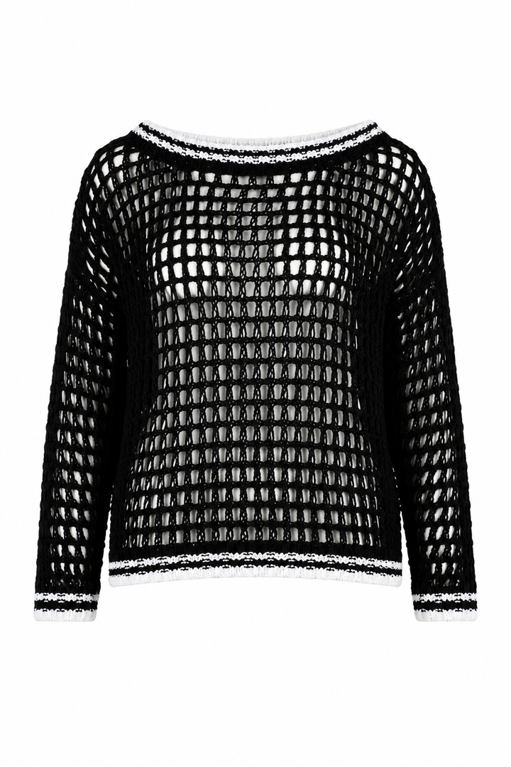 Pima Cotton Fisherman Boatneck Fishnet Sweater - Black/White