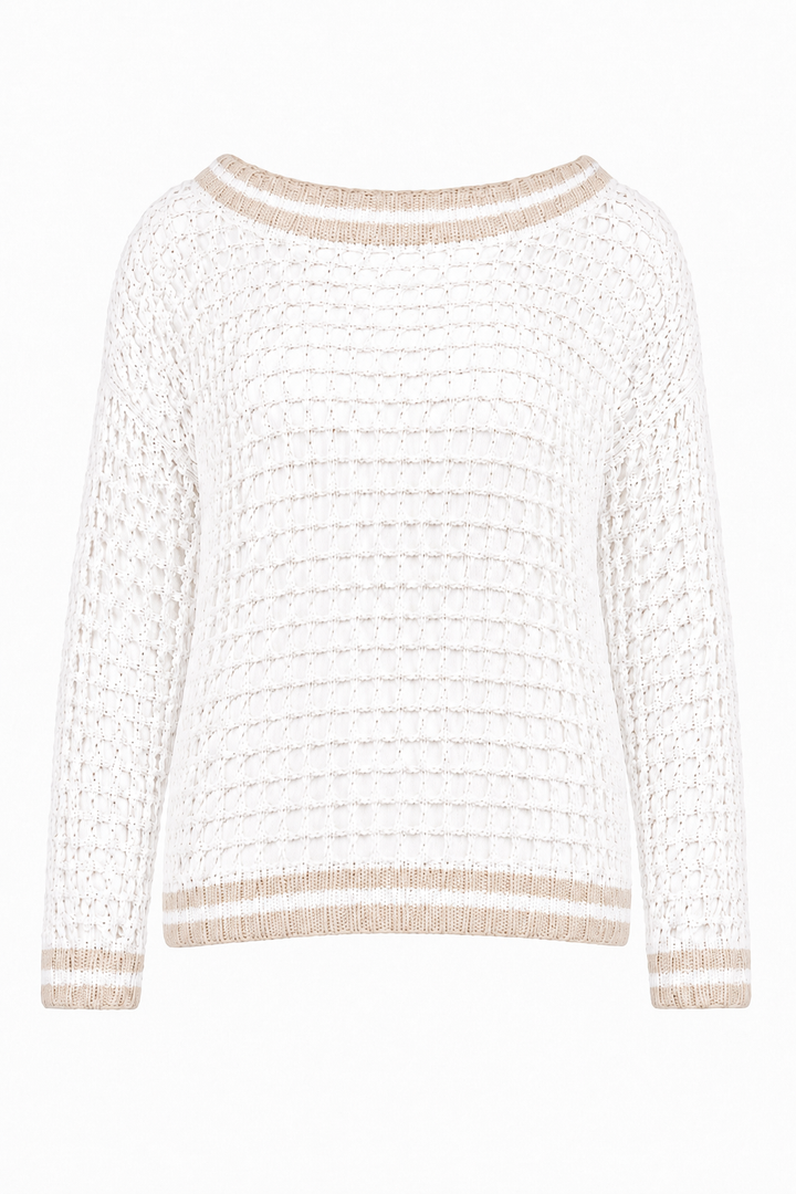 Pima Cotton Fisherman Boatneck Fishnet Sweater - White/Stone