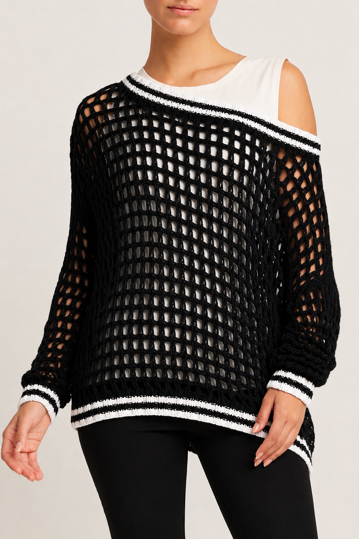 Pima Cotton Fisherman Boatneck Fishnet Sweater - Black/White