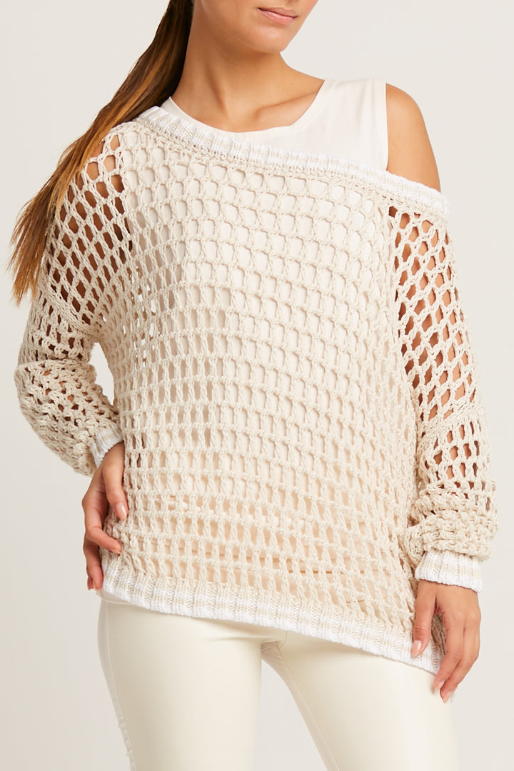 Pima Cotton Fisherman Boatneck Fishnet Sweater