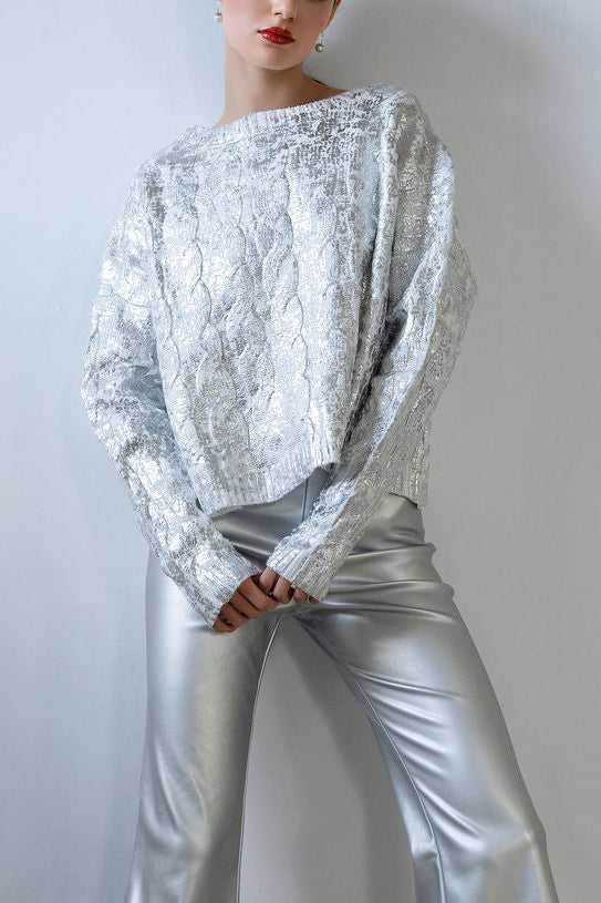 Holiday Metallic Crochet Crewneck Sweater