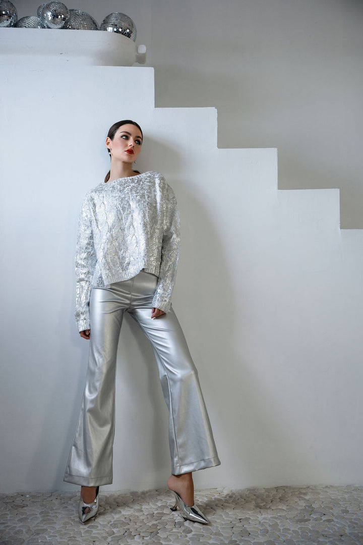 Holiday Metallic Crochet Crewneck Sweater