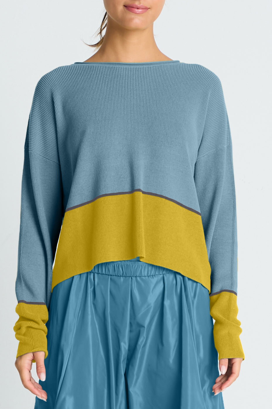 Pima Cotton Mod Color Block Sweater - Vapor/Chartreuse/Lava