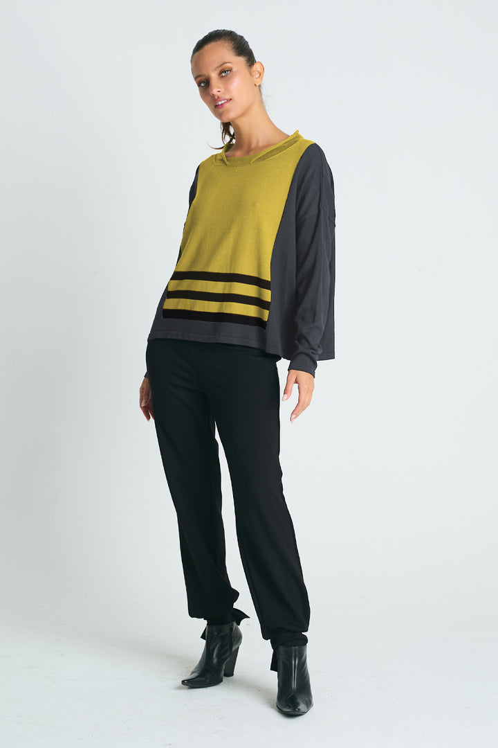 Pima Cotton Triple Stripe Crewneck Collared Sweater