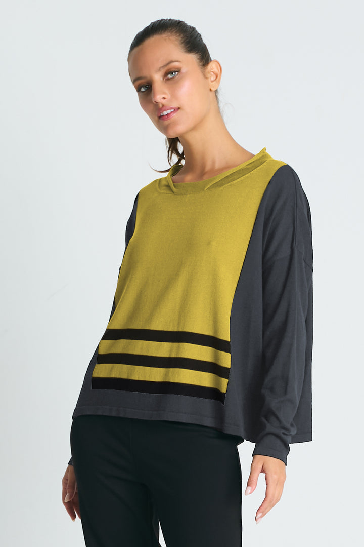 Pima Cotton Triple Stripe Crewneck Collared Sweater