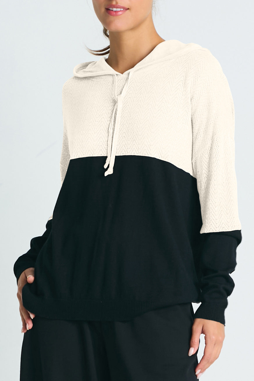 Pima Cotton 2 Tone Pointelle Hoodie - Black/Stone