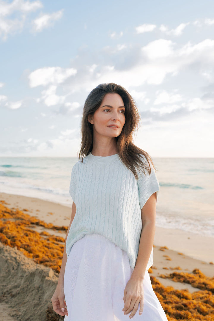 Pima Cotton Bateau Cable Knit Top - Mint