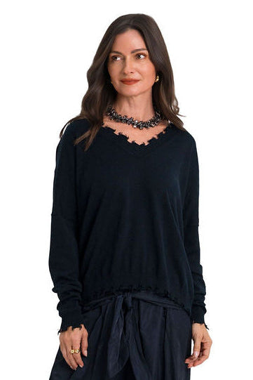 Pima Cotton Shabby V Sweater - Midnight