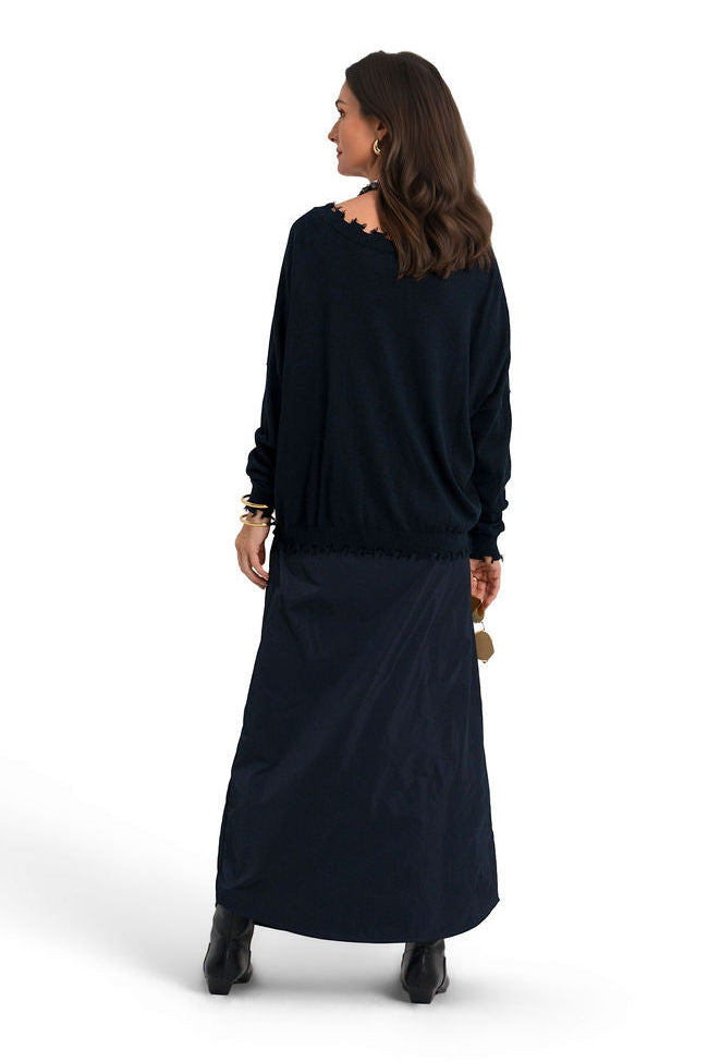Pima Cotton Shabby V Sweater - Midnight