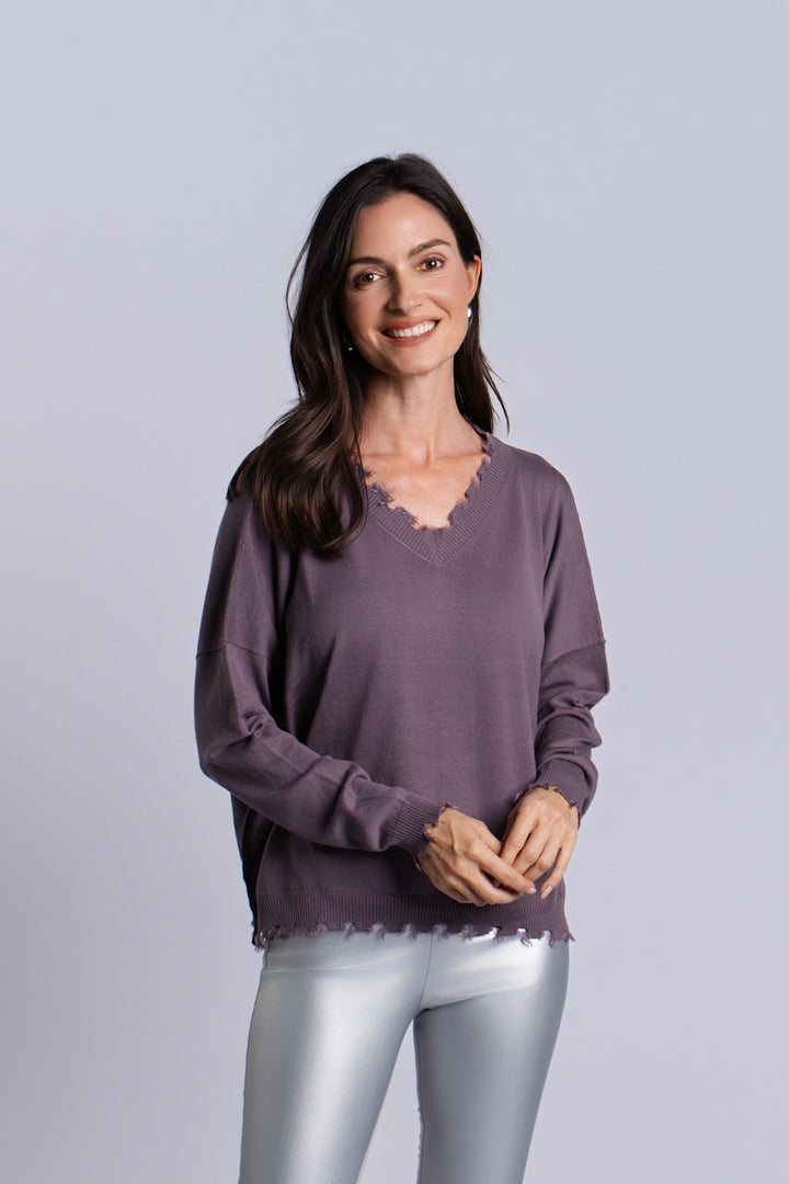 Pima Cotton Shabby V Sweater - Amethyst