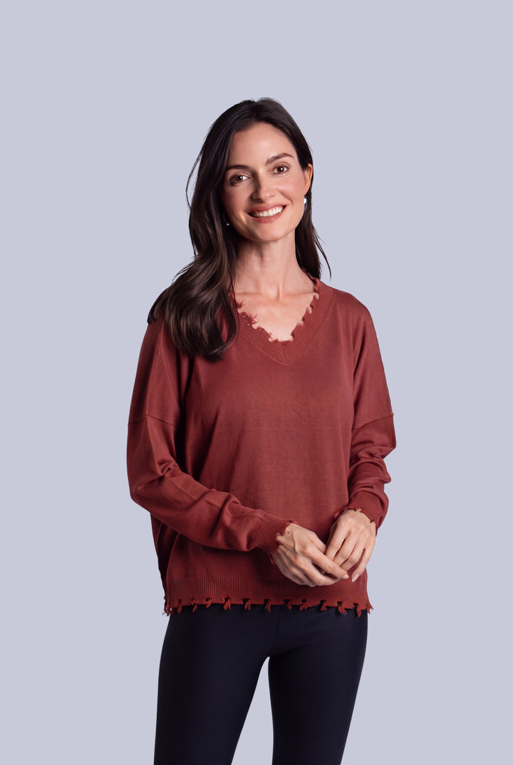 Pima Cotton Shabby V Sweater - Henna