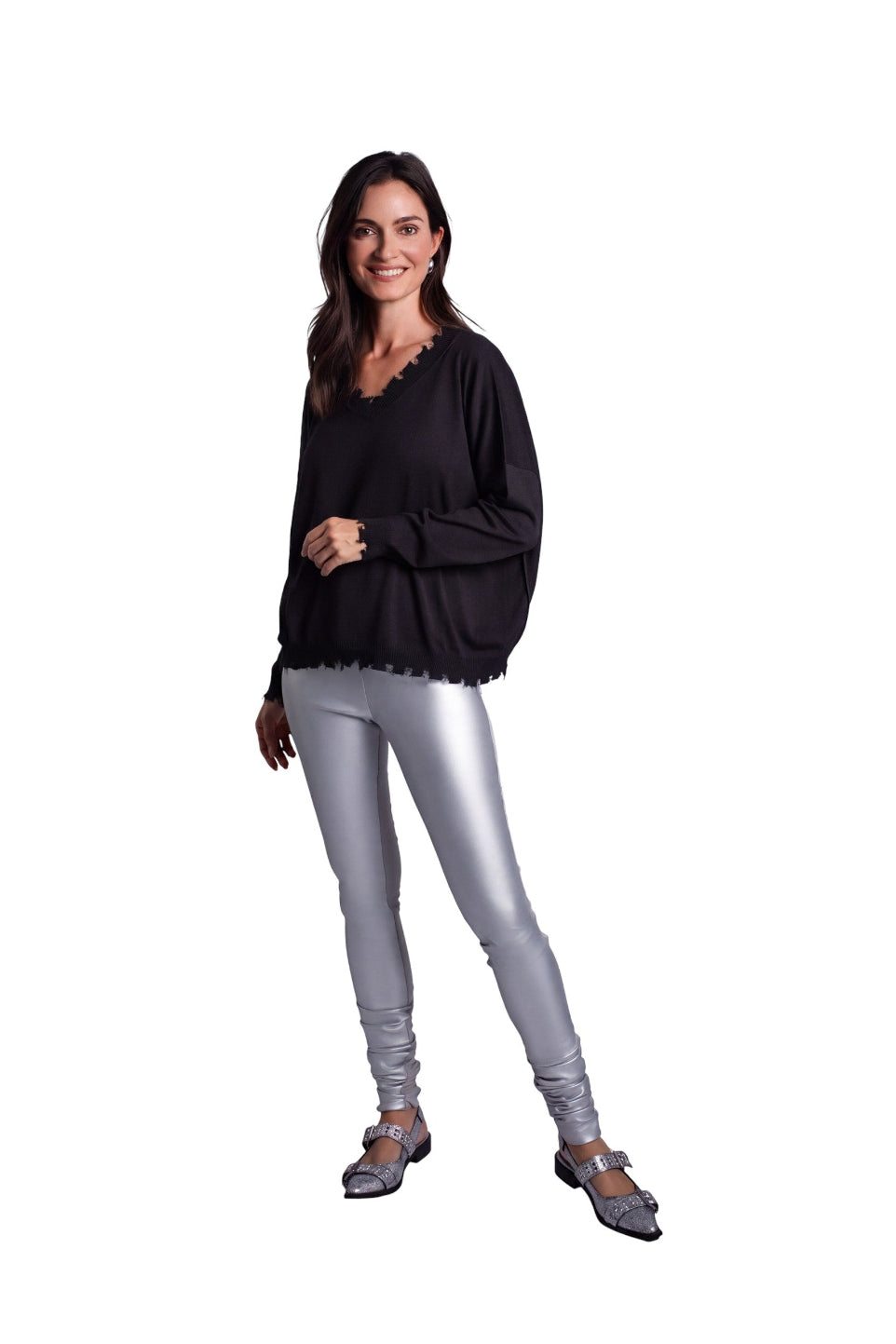 Pima Cotton Shabby V Sweater - Black