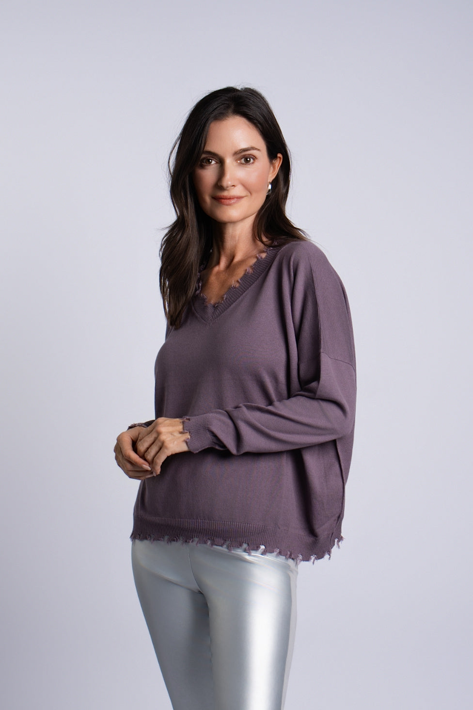 Pima Cotton Shabby V Sweater - Amethyst