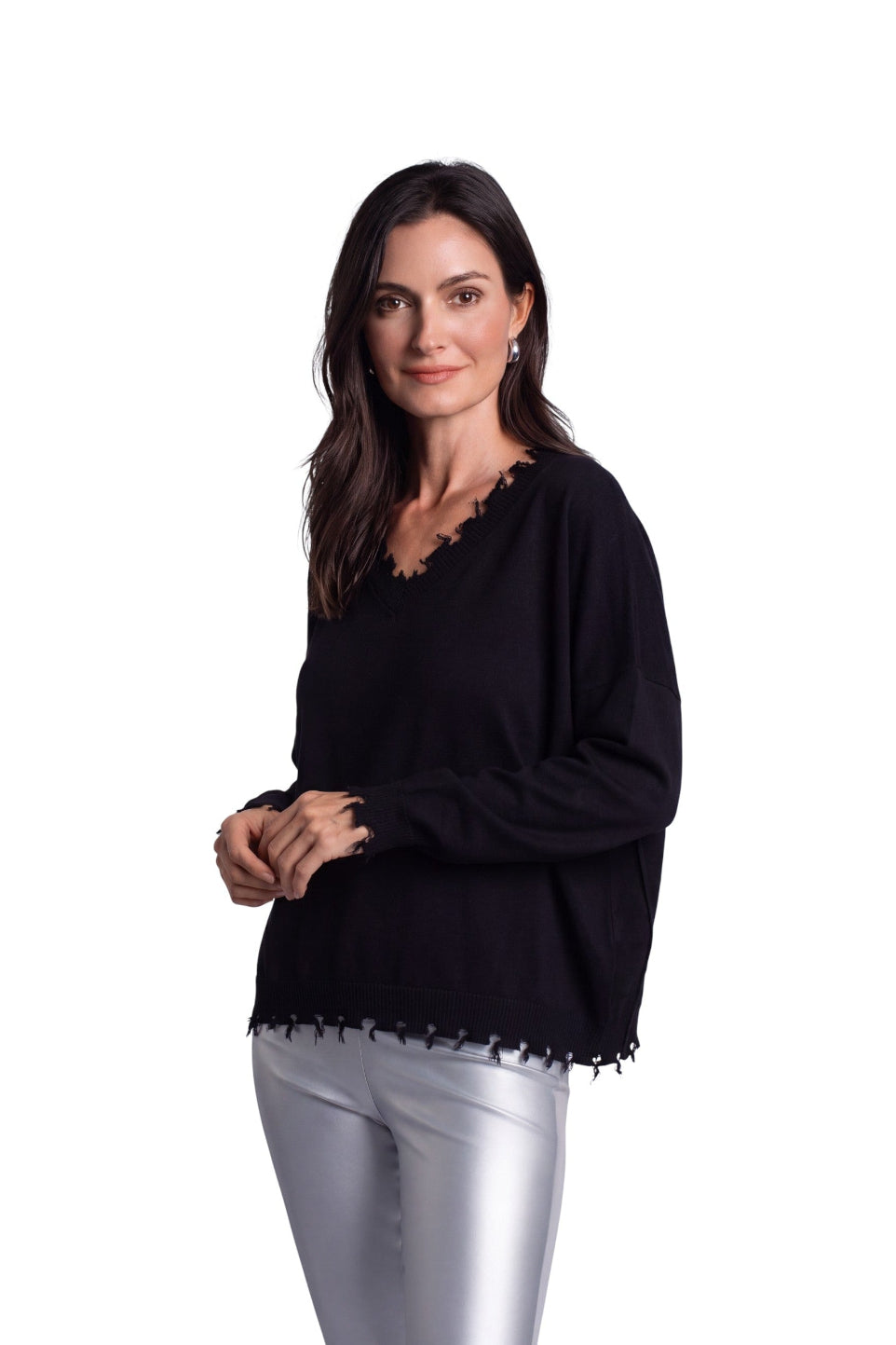 Pima Cotton Shabby V Sweater - Black