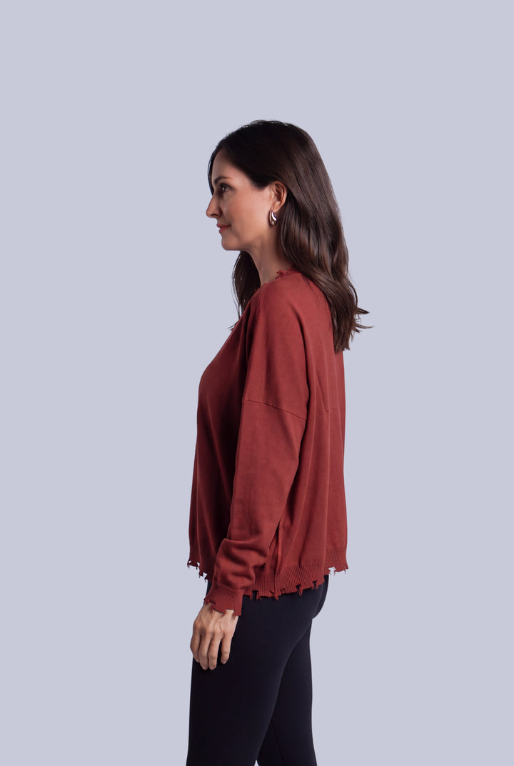 Pima Cotton Shabby V Sweater - Henna