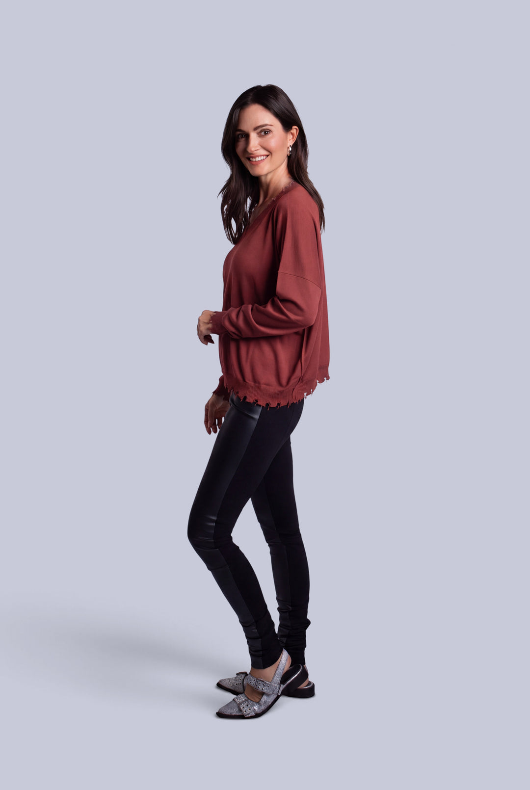 Pima Cotton Shabby V Sweater - Henna