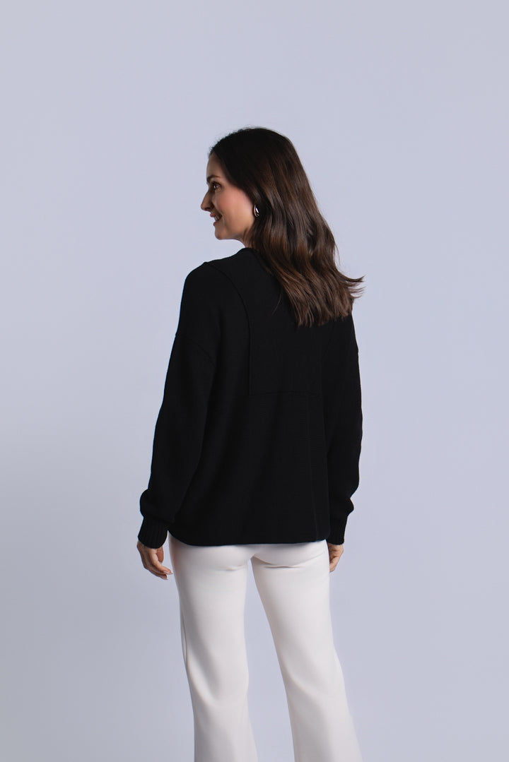 Pima Cotton Faux Cardi Sweater - Black