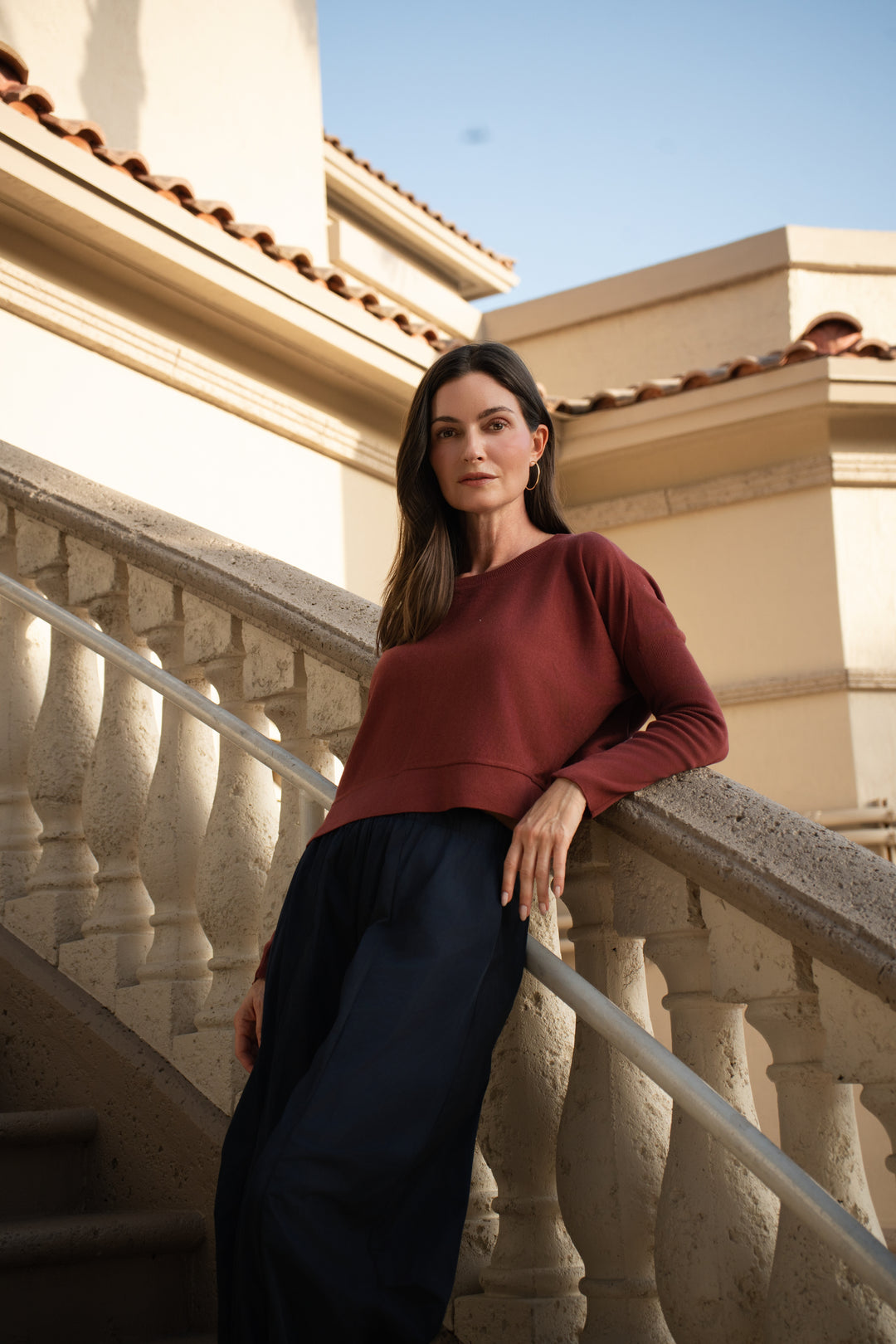 Women's Pima Cotton E-Z Sweater in Henna by PLANET, on model