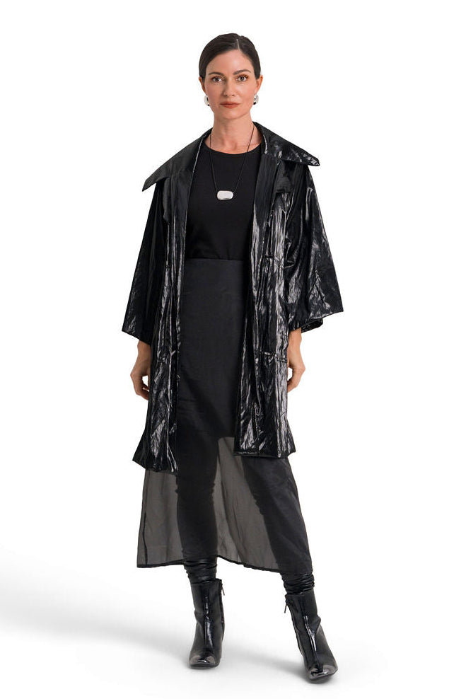 Vegan Crushed Patent Leather Emily Coat - Black