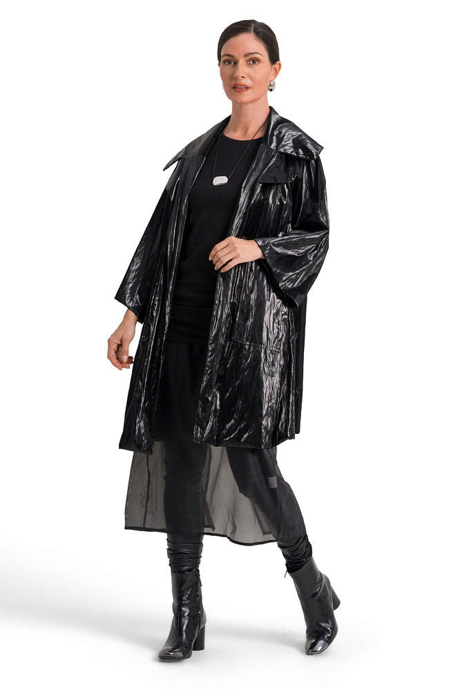 Vegan Crushed Patent Leather Emily Coat - Black