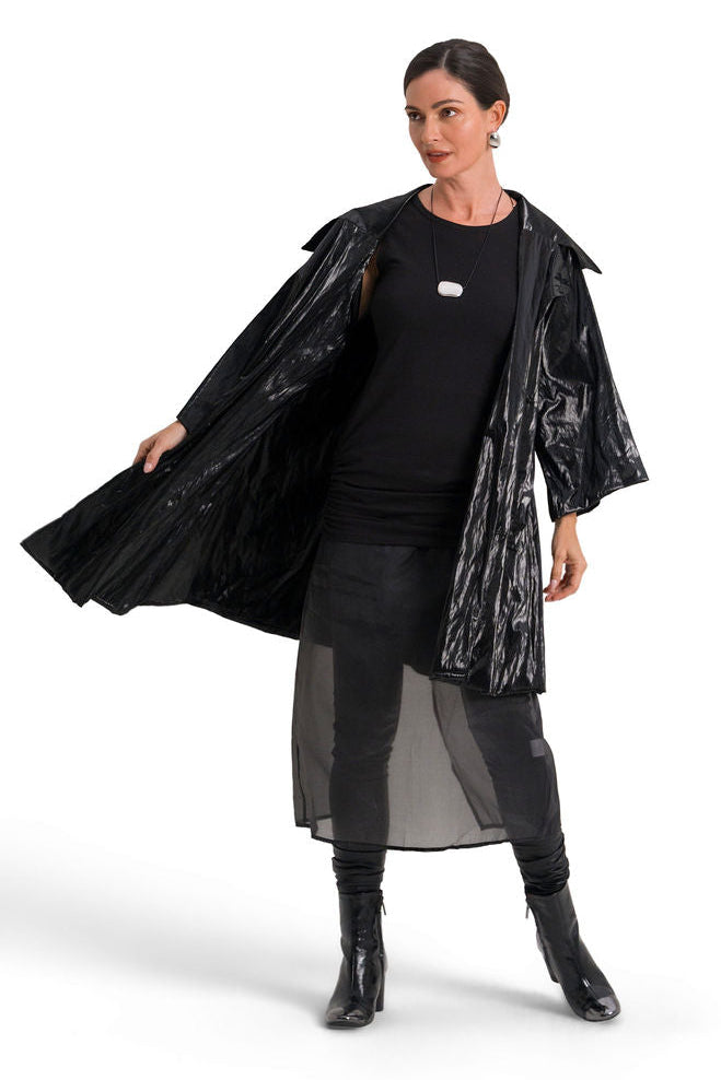 Vegan Crushed Patent Leather Emily Coat - Black