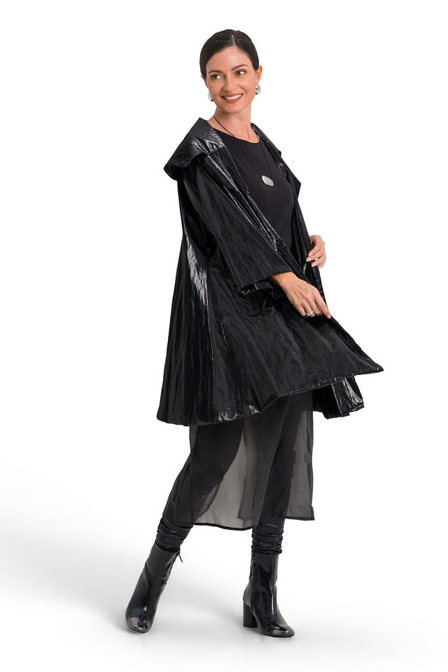 Vegan Crushed Patent Leather Emily Coat - Black