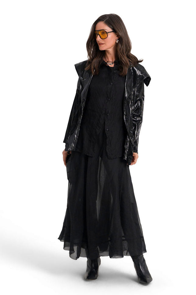 Vegan Crushed Patent Leather Drawstring Jacket - Black