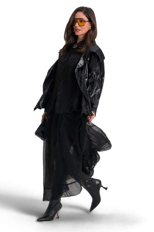 Vegan Crushed Patent Leather Drawstring Jacket - Black