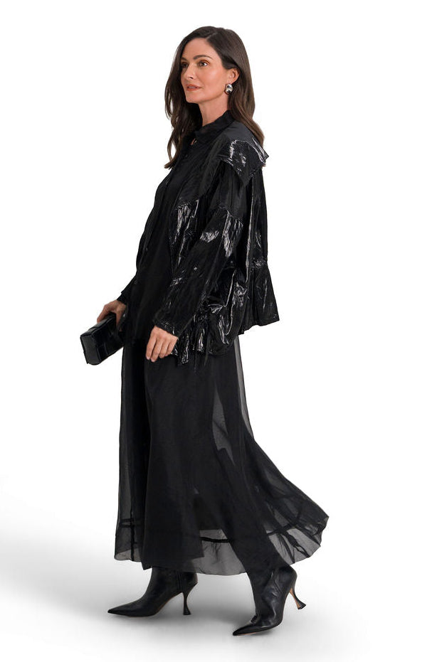 Vegan Crushed Patent Leather Drawstring Jacket - Black