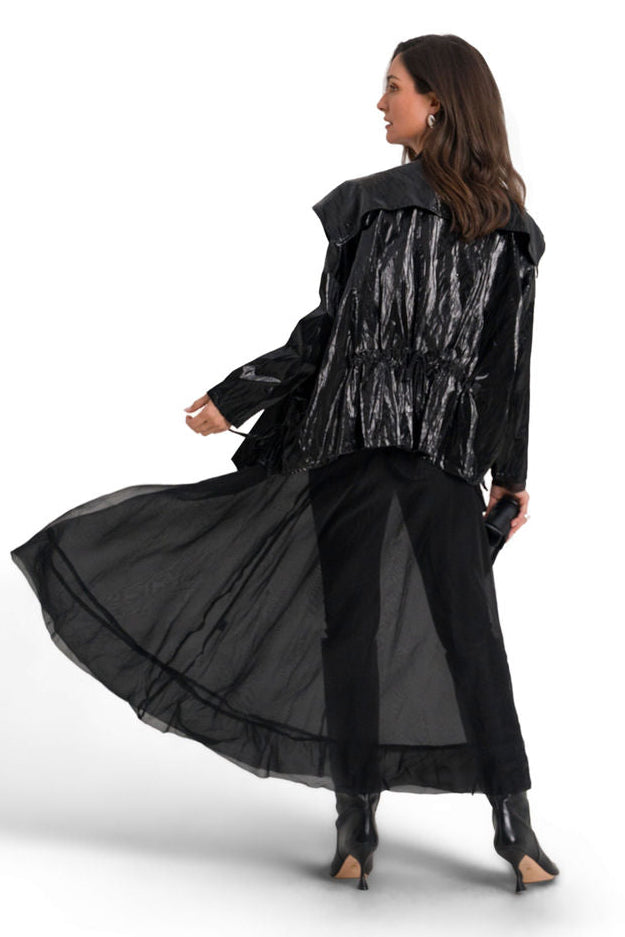 Vegan Crushed Patent Leather Drawstring Jacket - Black