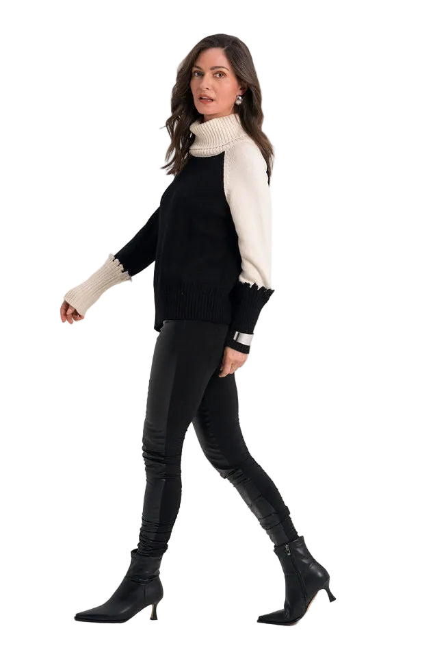 Pima Cotton 2 Tone Turtleneck Sweater - Black/Stone