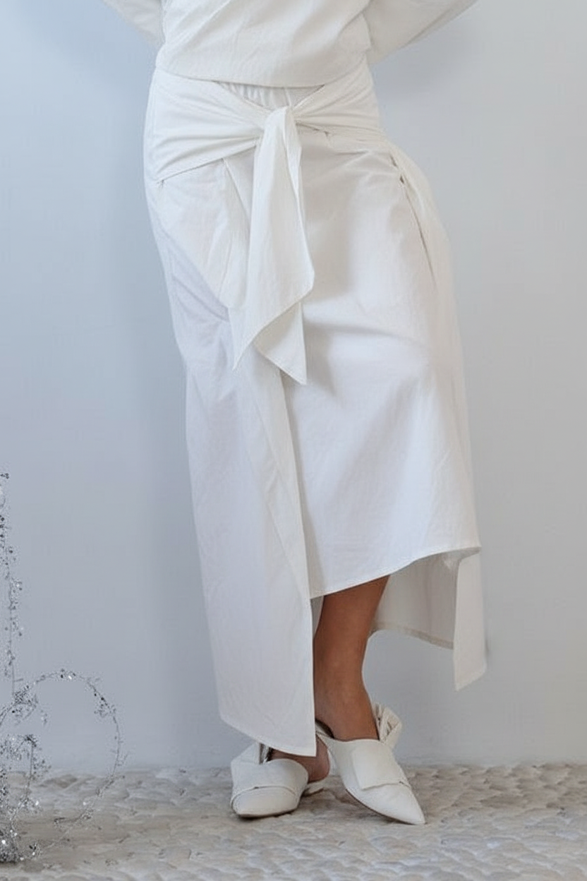 White dress with a tie waist and white shoes on a light gray background