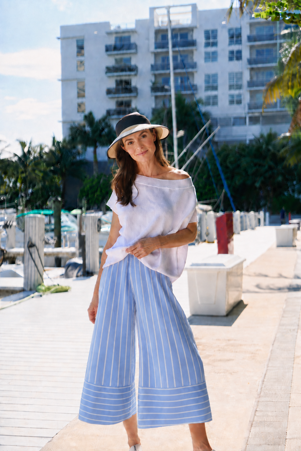 Cotton Gaucho Pants - Chambray Stripe