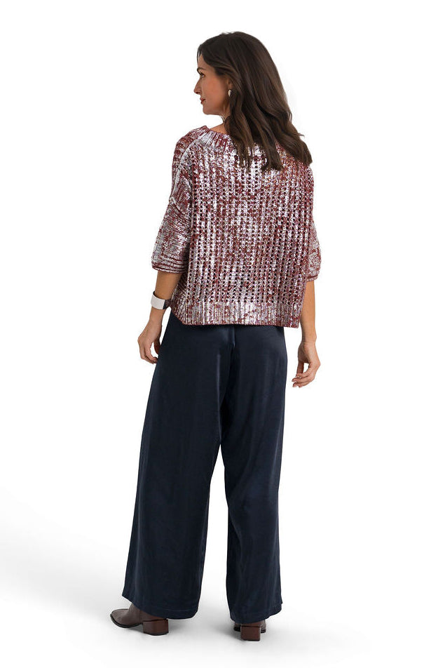 Cotton Metallic Crochet Boatneck Sweater - Henna/Silver