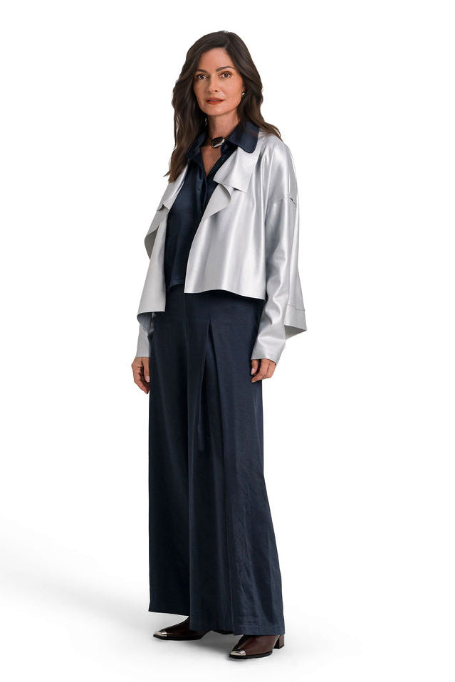 Vegan Leather Cropped Asymmetrical Jacket - Silver