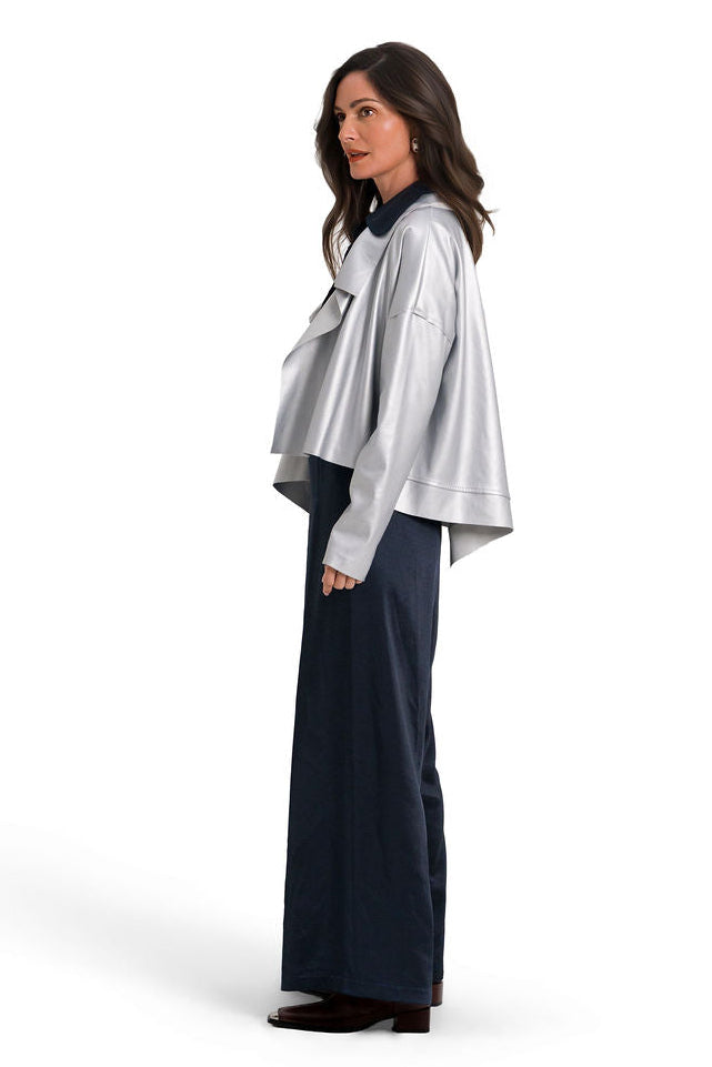 Vegan Leather Cropped Asymmetrical Jacket - Silver