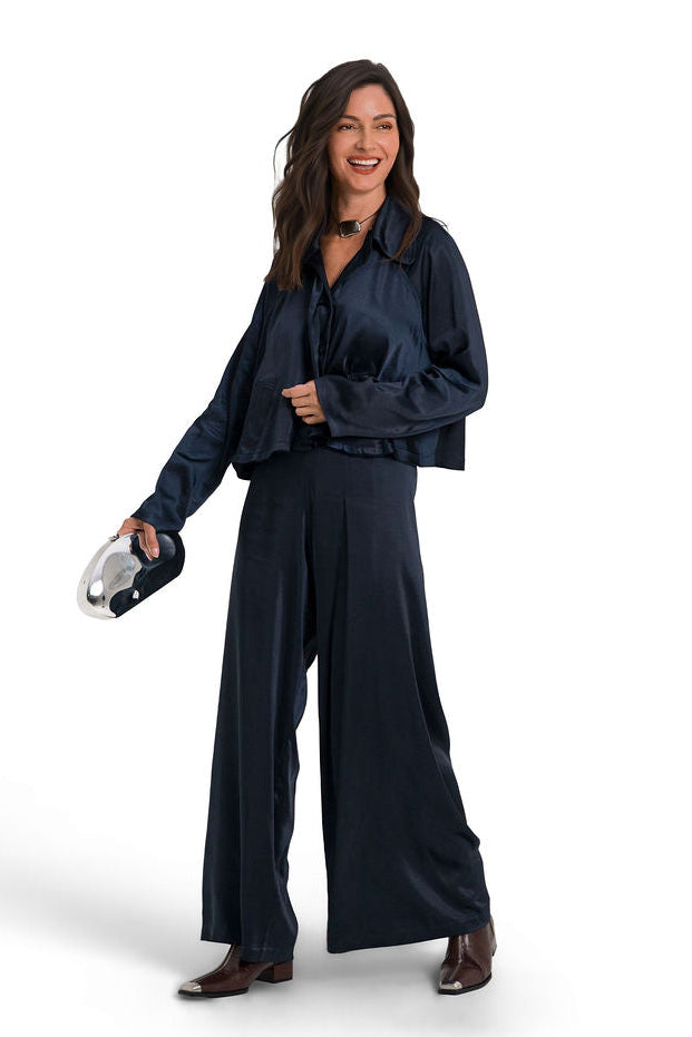 Sateen Single Pleat Pants - Midnight