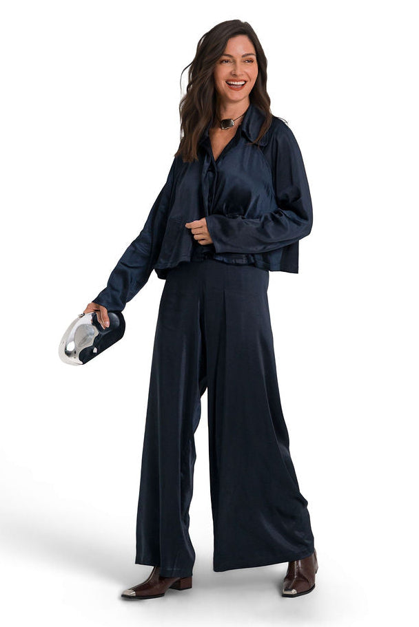 Sateen Cropped Swing Jacket - Midnight
