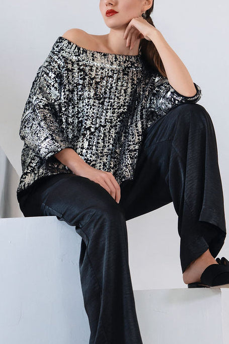 Holiday Metallic Crochet Boatneck Sweater