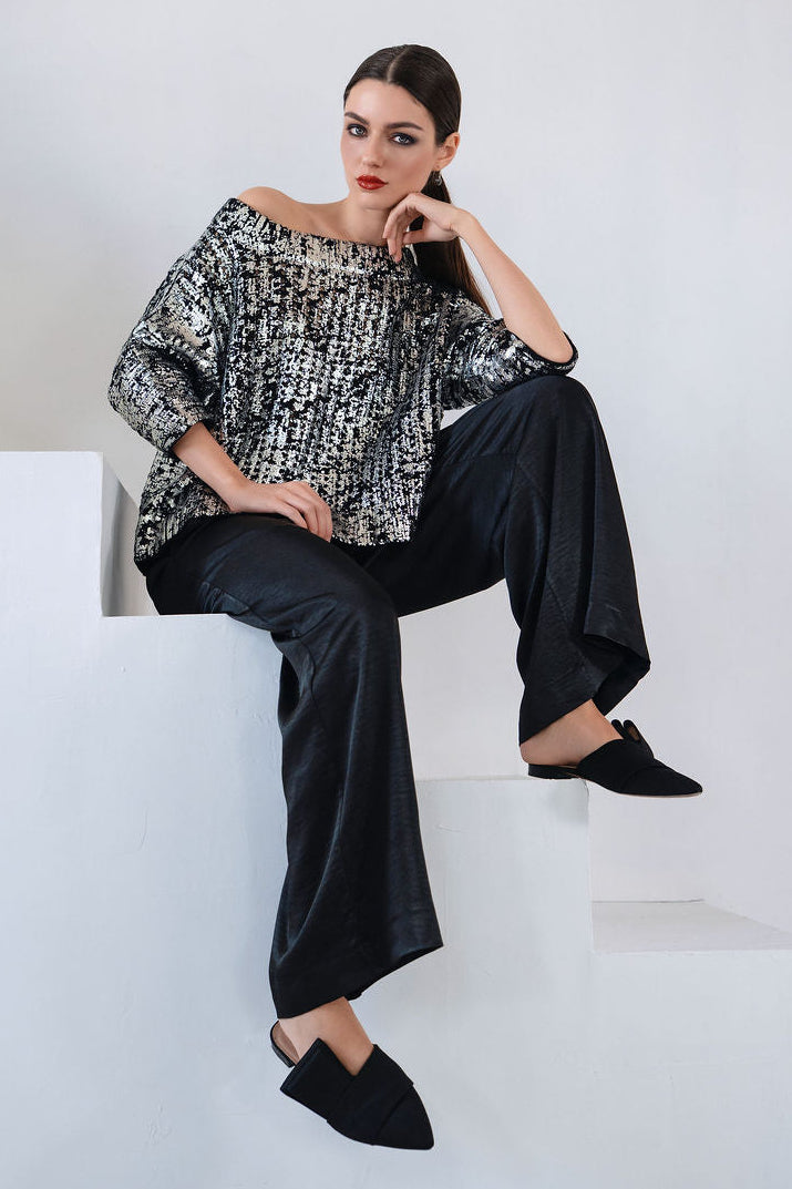 Holiday Metallic Crochet Boatneck Sweater