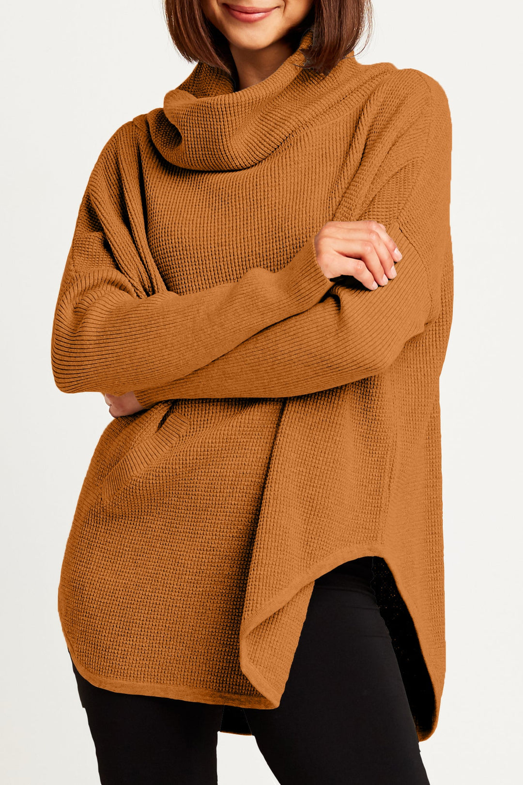 Pima Cotton Waffle Cowl Sweater - Chestnut
