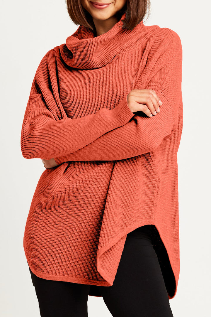 Pima Cotton Waffle Cowl Sweater - Tomato
