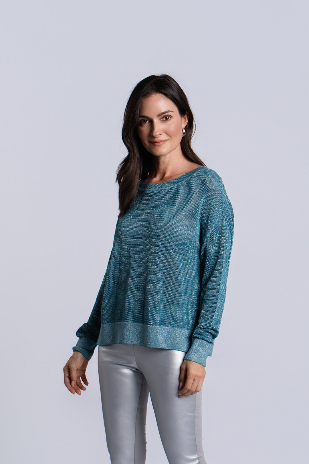Women's Pima Cotton Metallic Mini Seed Stitch sweater in Galaxy/Silver by PLANET, alternate view 3
