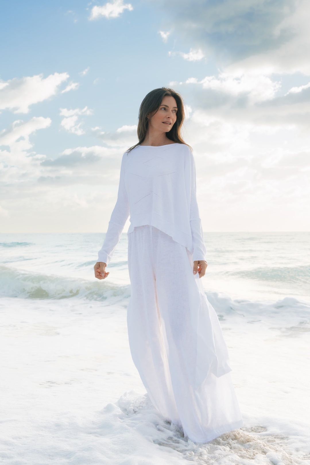 Pima Cotton Stitches Boatneck Sweater - White