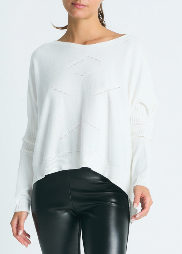Pima Cotton Stitches Boatneck Sweater - White