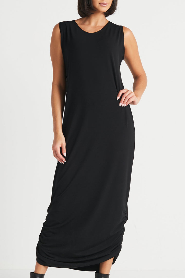 Matte Jersey Ruched Tank Dress - Black