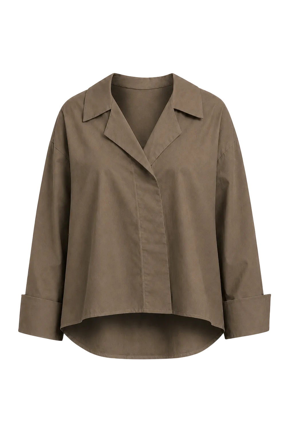 A taupe-brown long-sleeve collared 100% cotton shirt jacket with a relaxed, oversized fit, shown against a plain white background.